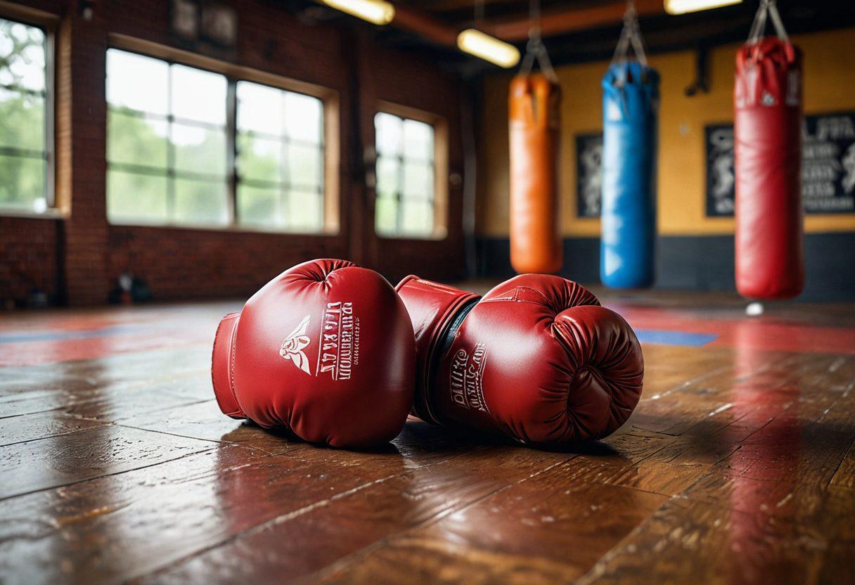 A dynamic scene depicting a close-up of high-quality martial arts and boxing gloves resting on a textured gym floor. In the background, a soft-focus silhouette of a fighter practicing techniques, showcasing determination and strength. Bright motivational quotes subtly integrated into the background, emphasizing empowerment. The earth-toned gloves contrast with vibrant training gear. super-realistic. vibrant colors. action-oriented.