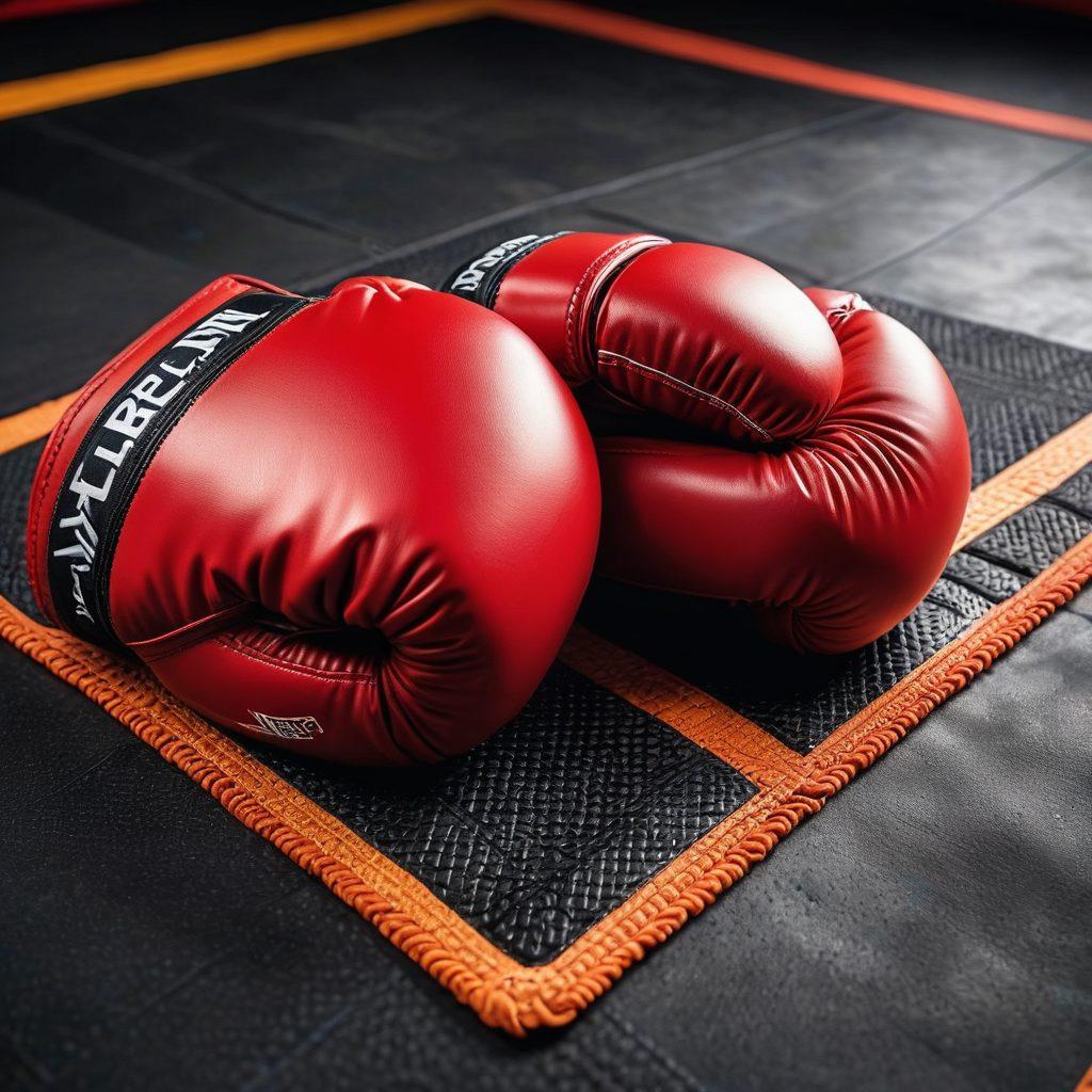 An intense close-up of a pair of high-quality martial arts gloves resting on a training mat, surrounded by energetic visuals of a fighter in motion engaging in martial arts practice. Behind the gloves, showcase a subtle transition from a training environment to a competition arena, capturing the essence of dedication and preparation. The background should fade into a blurred stadium with cheering fans, emphasizing the journey from training to competition. vibrant colors. 3D.
