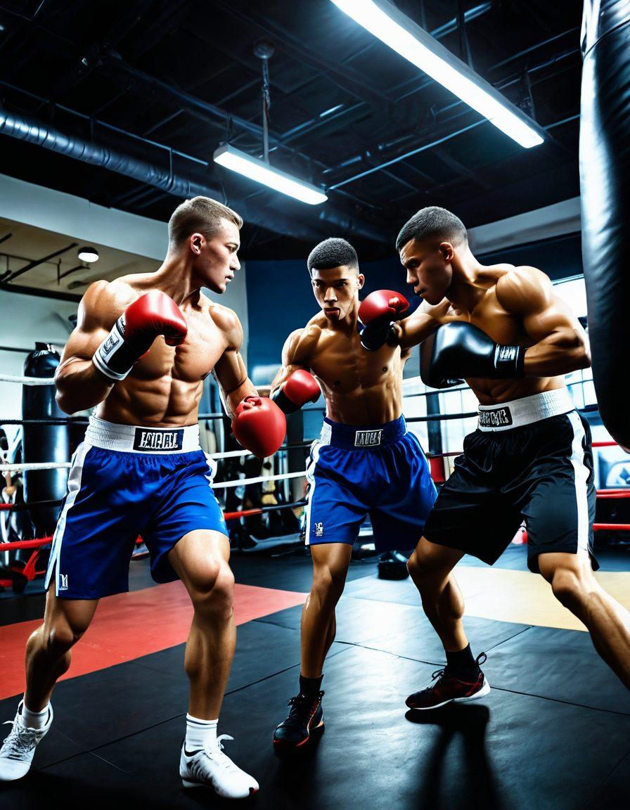 A dynamic scene showcasing a diverse group of fighters and boxers in action, each donning essential gear like gloves, hand wraps, and protective headgear. The background should depict an energetic gym atmosphere filled with punching bags and training equipment, emphasizing the intensity of training. Bright, vivid colors should highlight the gear while capturing the expressions of determination and focus on the fighters' faces. super-realistic. vibrant colors. action-packed.